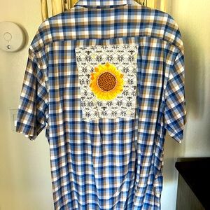 Extra large, short sleeve, button-down, blue and brown checkered shirt